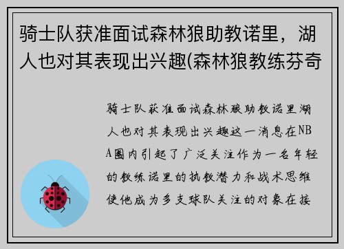 骑士队获准面试森林狼助教诺里，湖人也对其表现出兴趣(森林狼教练芬奇)