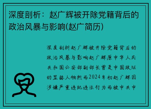 深度剖析：赵广辉被开除党籍背后的政治风暴与影响(赵广简历)