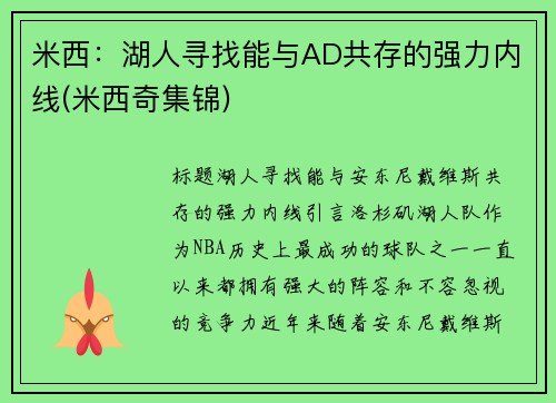 米西：湖人寻找能与AD共存的强力内线(米西奇集锦)