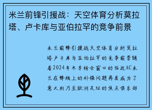 米兰前锋引援战：天空体育分析莫拉塔、卢卡库与亚伯拉罕的竞争前景